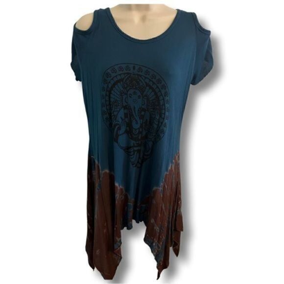 Earthbound small cold shoulder tunic top. Teal and brown. Ganesha graphic. - Picture 1 of 5